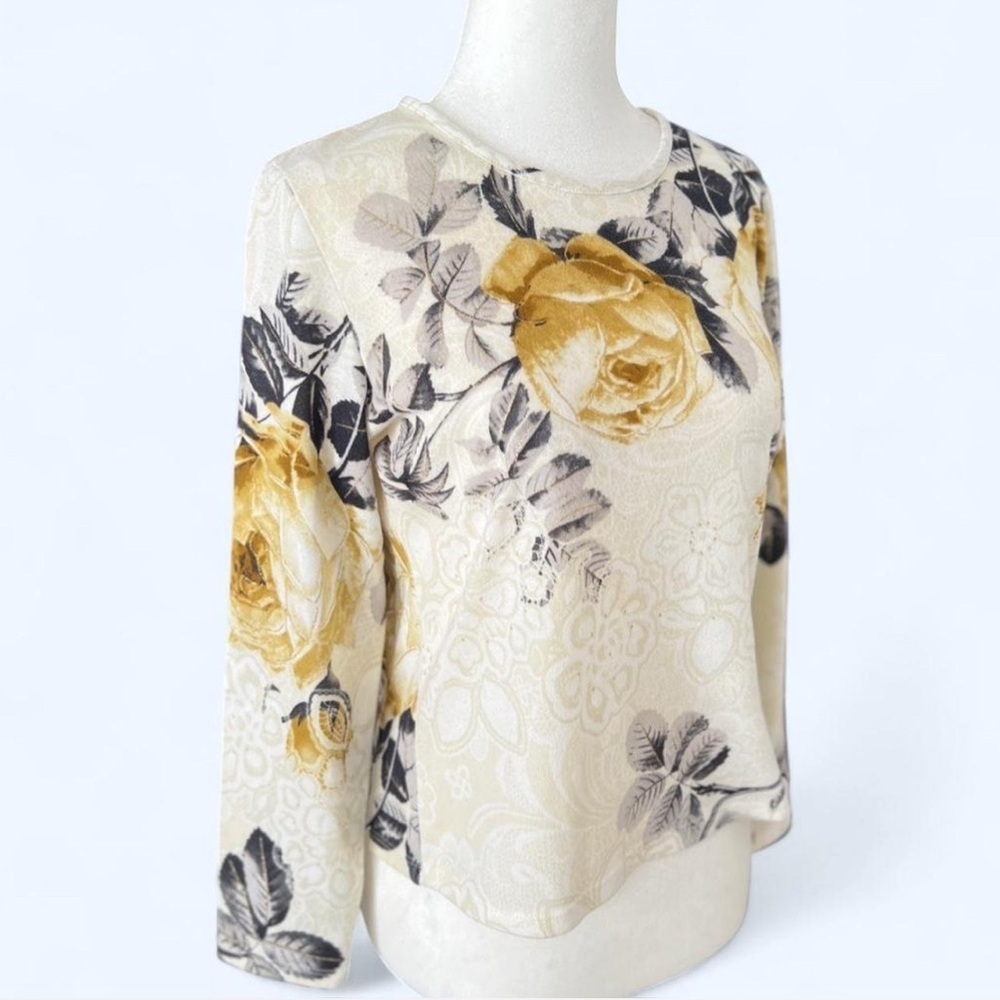 Yellow & Cream Floral Rose Rhinestone Long Sleeve Shirt Fairycore Medium
